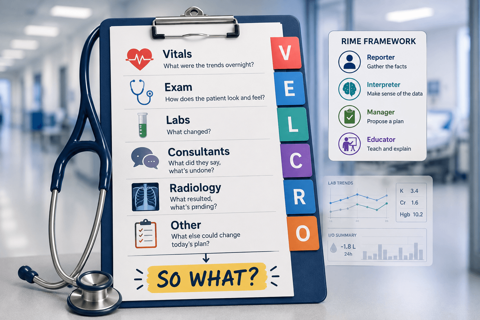 VELCRO pre-rounding framework clipboard with RIME framework and hospital background