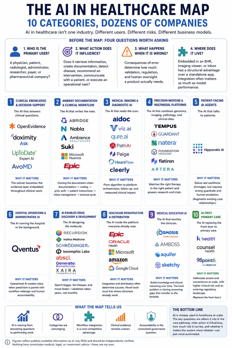 Infographic mapping ten categories of AI companies in healthcare