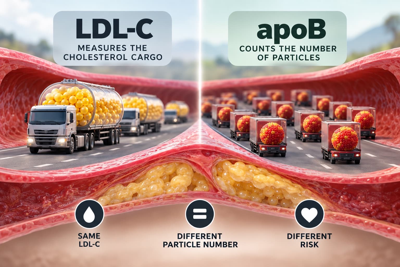 ApoB test graphic showing LDL-C as cholesterol cargo and apoB as particle count inside an artery