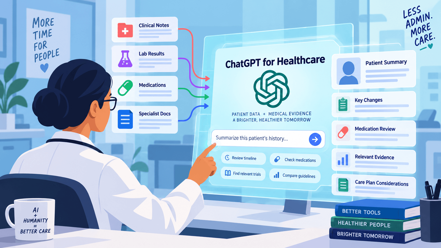 Physician using ChatGPT for healthcare to summarize clinical notes, labs, medications, and medical evidence
