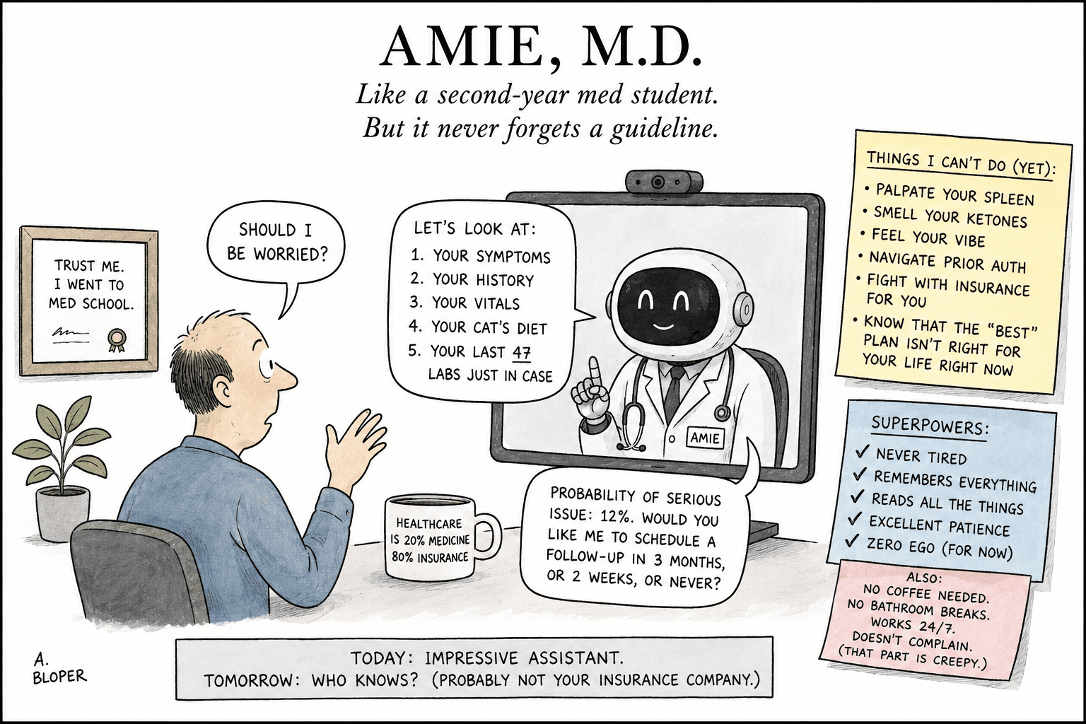 Illustration of AMIE as an AI doctor in a video visit with a patient