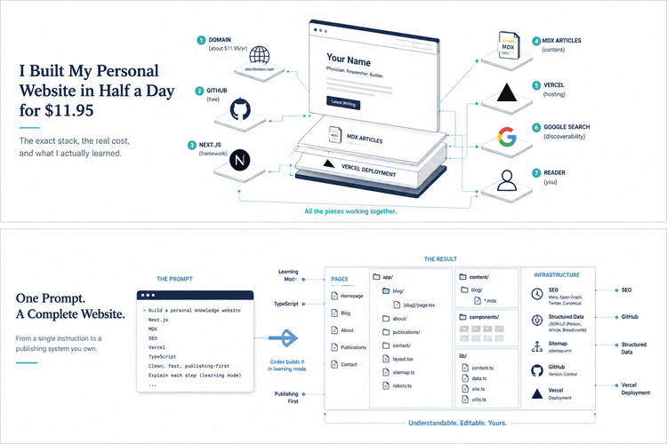 A personal website being assembled from its parts in a single afternoon