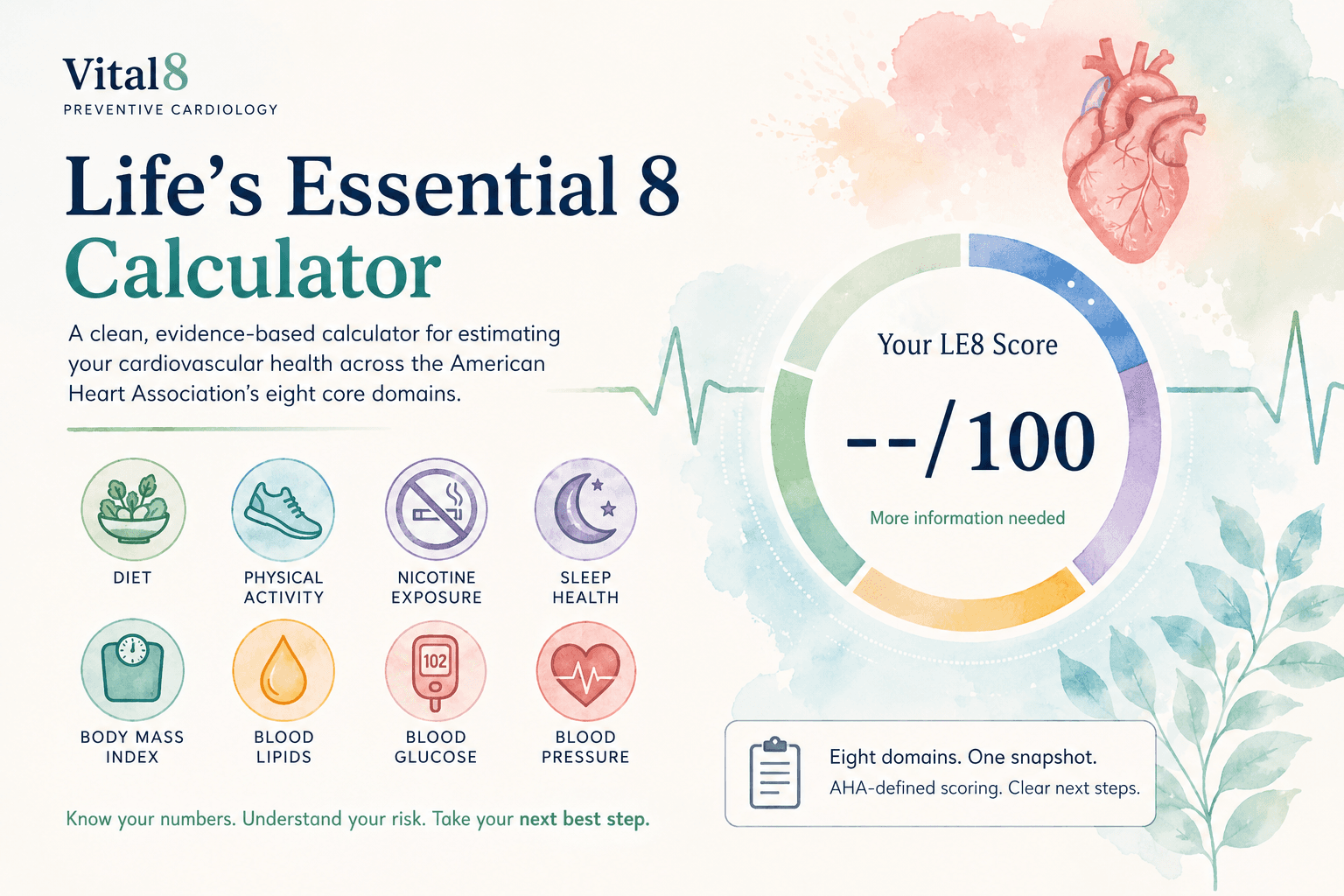 Life's Essential 8 calculator graphic with Vital8 preventive cardiology domains and an LE8 score dial