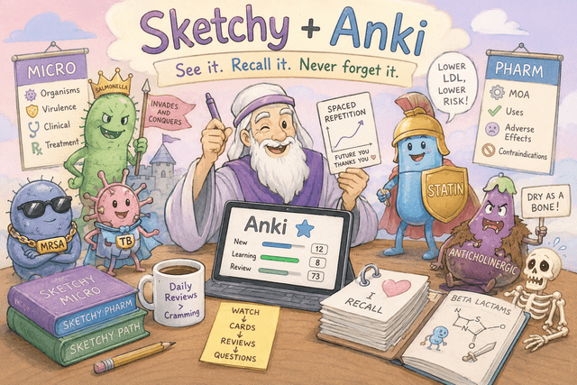 Sketchy Medical and Anki study guide illustration with Sketchy Micro, Sketchy Pharm, Sketchy Path, and spaced repetition