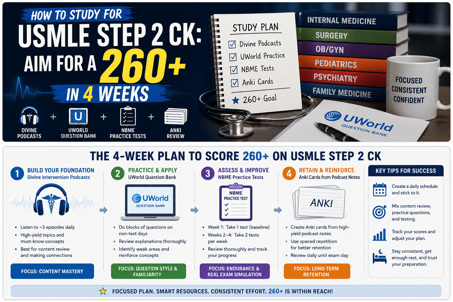 Four-week USMLE Step 2 CK study plan using Divine podcasts, UWorld, NBME tests, and Anki review