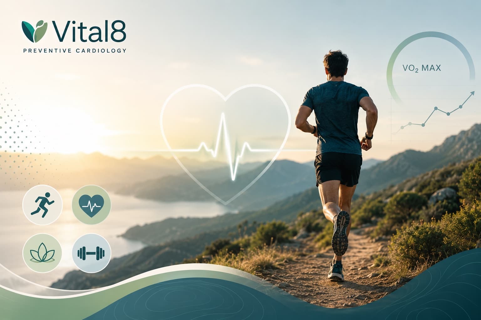 Vital8 VO2 max calculator graphic showing a runner, preventive cardiology icons, and a VO2 max trend chart